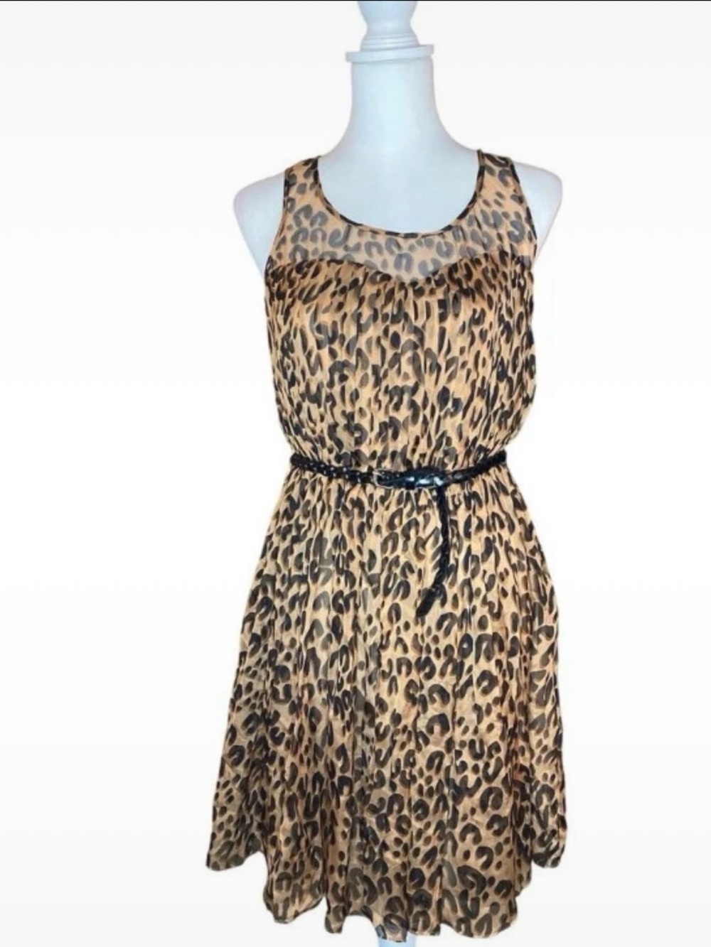 Aryn K Leopard Print Midi Dress in Tan and Black with Slim Belt